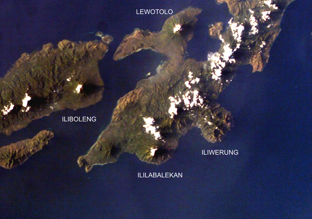 Four volcanoes are seen in this NASA International Space Station image (with north to the upper left) of Solor (lower left), Adonara (upper left), and Lembata (right) Islands.  Ililabalekan volcano on SW Lembata (formerly Lomblen) Island is the only one of these without historical eruptions, although fumaroles are found near its summit.  A satellitic cone was constructed on the SE flank of the steep-sided volcano, and four craters, one of which contains a lava dome and two small explosion pits, occur at the summit of Mount Labalekan. NASA International Space Station image ISS009-E-7480, 2004 (http://eol.jsc.nasa.gov/).