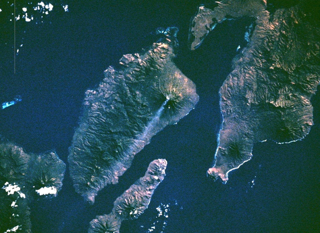 An eruption at Iliboleng began on 11 May 1983 when an ash plume rose to 500 m. Ash and incandescent ejecta was reported on 13 July and fine ash occasionally fell from the plume on 15 July. On 4 September space shuttle astronauts photographed this small diffuse plume 50-70 km long, and an ash plume was reported again on 22 September. A 500 m ash plume was seen for a few minutes on 24 November, and additional plumes were emitted on 3 January and 13 April 1984 to a maximum height of 1 km. NASA Space Shuttle image STS008-50-1840, 1983 (http://eol.jsc.nasa.gov/).