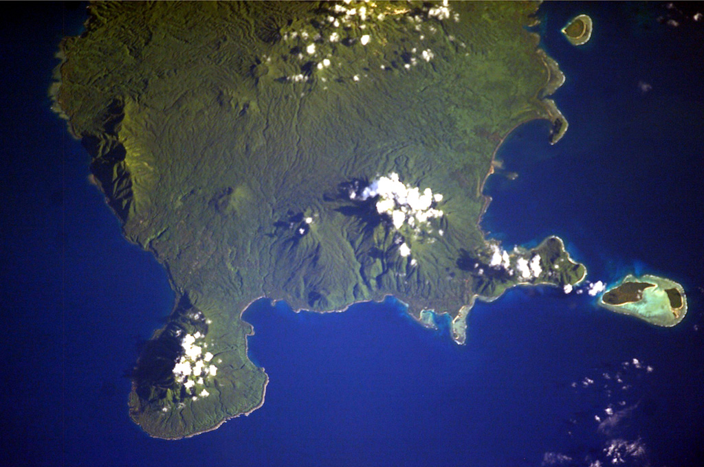 The southern two-thirds of Vanua Lava Island is seen in this NASA International Space Station image. Suretamatai volcano forms much of the island, with the most recent activity occurring in the northern part of the island near the area with small clouds at the top of the image. The Pleistocene Ngéré Kwon volcano forms the peninsula at the bottom of the image, and small offshore islands to the right are uplifted reef limestones. Activity that began during the 19th century has consisted of moderate explosive eruptions. NASA International Space Station image ISS006-E-40035, 2003 (http://eol.jsc.nasa.gov/).