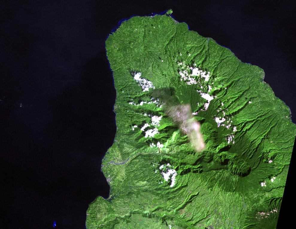 Balatukan (also known as Balatocan) is located in north-central Luzon, along this peninsula SE of Camiguin Island. There are active fumaroles, but it is extensively eroded and the age of its latest eruption is not known. NASA Landsat image, 2002 (courtesy of Hawaii Synergy Project, Univ. of Hawaii Institute of Geophysics & Planetology).