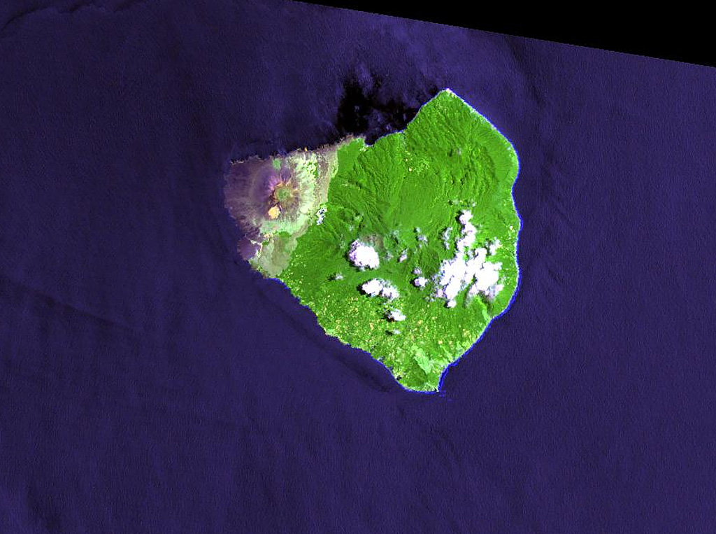 Mount Babuyan is the youngest of five Pleistocene-to-Holocene volcanic centers on the island of Babuyan Claro. The largest edifice is the active Mt. Pangasun (Babuyan Claro), with two summit craters 300 and 400 m in diameter. Both Babuyan Claro and Smith volcanoes have apparently been active in historical time, although which volcano produced the eruptions is not certain. NASA Landsat image, 2000 (courtesy of Hawaii Synergy Project, Univ. of Hawaii Institute of Geophysics & Planetology).