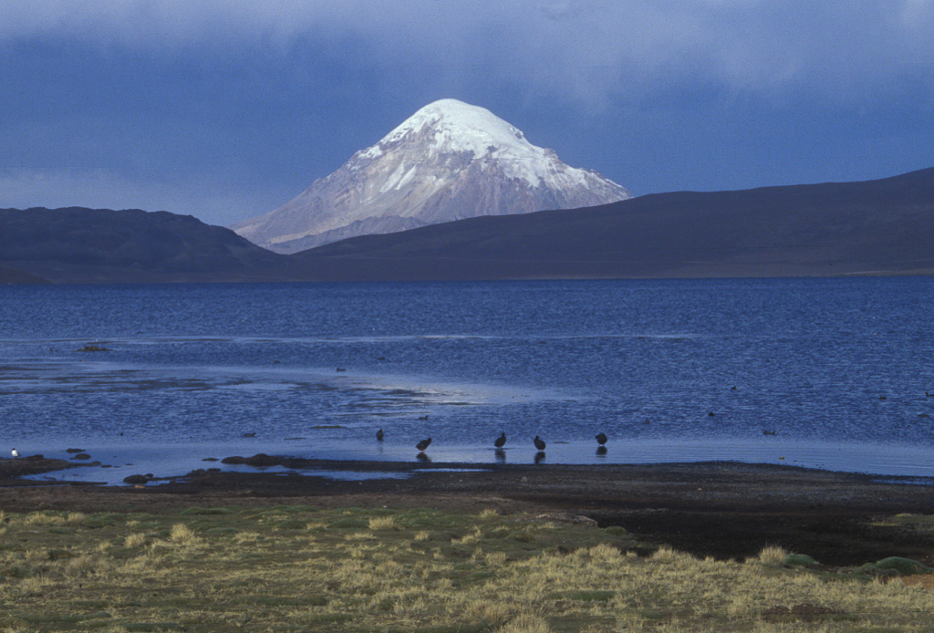 Nevado del Sajama, rising to 6542 m about 20 km east of the Chilean border, is Bolivia's highest mountain.  The steep-sided volcano is seen here from the Chilean side of the border, rising above Laguna Chungará, which was formed when a debris avalanche from Parinacota volcano (out of view to the left) blocked drainages.  Sajama consists of an andesitic stratovolcano overlying andesitic-to-rhyodacitic lava domes.  Pleistocene lava flows from Parinacota form the ridge at the left, and the flanks of Pleistocene Quisiquisini volcano rise to the right. Photo by Lee Siebert, 2004 (Smithsonian Institution).
