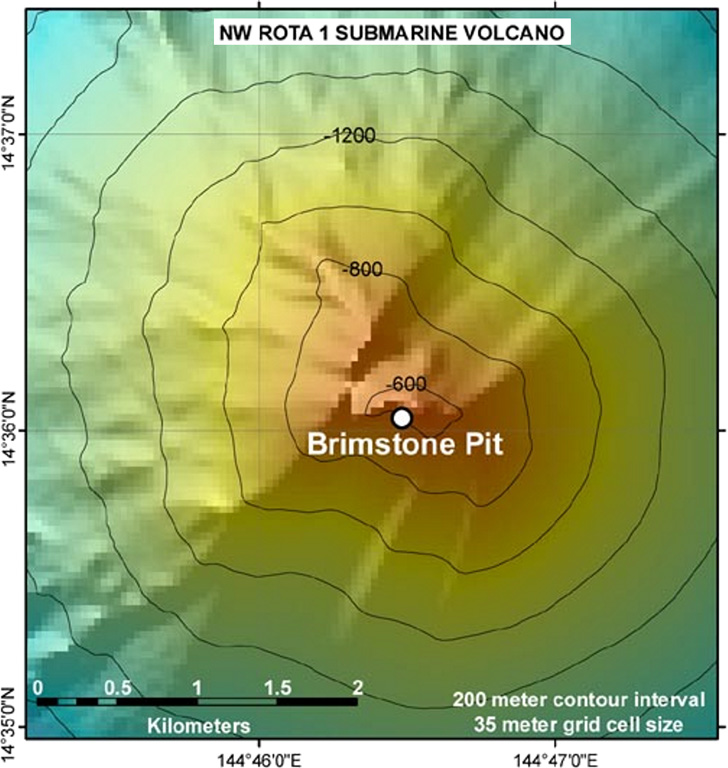 This hydrothermally active submarine volcano at the southern part of the Mariana arc was first detected during a 2003 NOAA bathymetric survey and named NW Rota 1. The seamount rises to within about 500 m of the ocean surface, about 100 km N of Guam. A minor eruption was witnessed in 2004 at the Brimstone Pit vent.  Image courtesy of Susan Merle (Oregon State University/NOAA Vents Program).