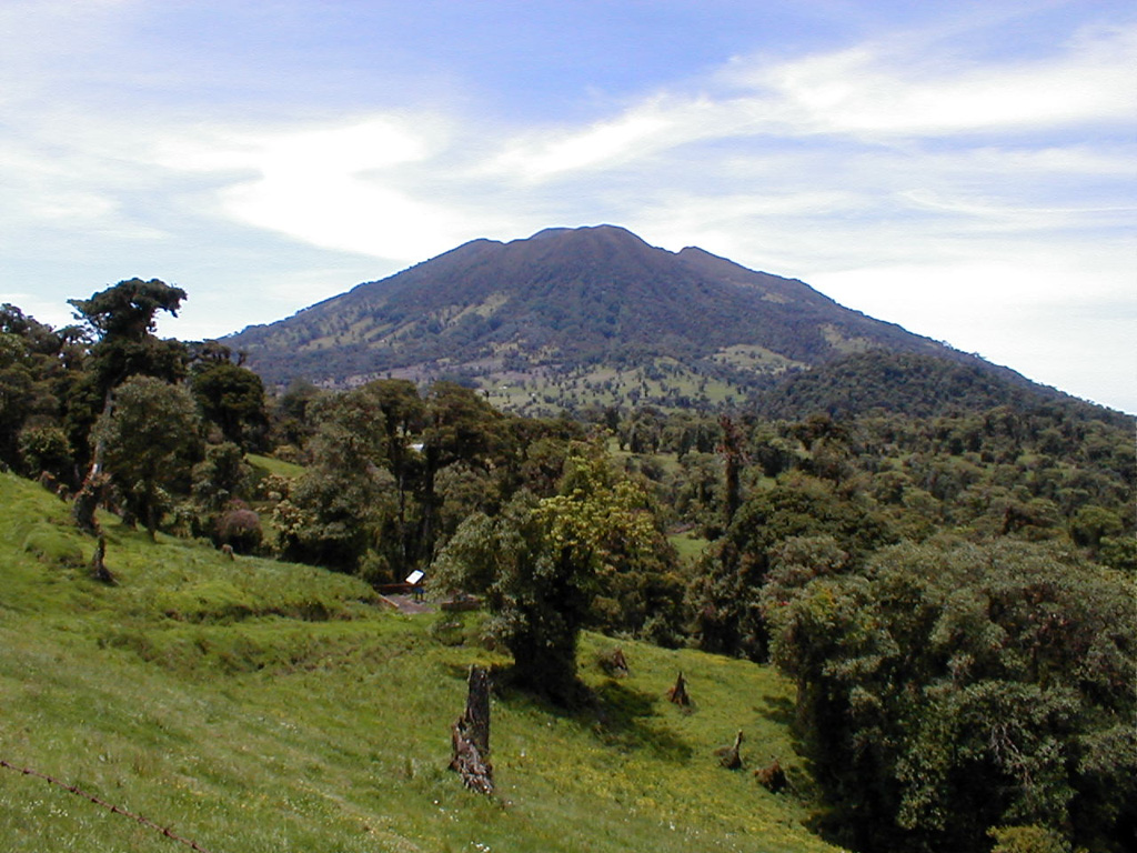 The summit of Turrialba, the easternmost volcano in the Cordillera Central, is seen here from the SW. It is about 25 km NW of the city of the same name. The summit area is designated as Turrialba National Park, and its northern flanks are part of the extensive Cordillera Volcánica Central forest reserve. Photo by Eliecer Duarte (OVSICORI-UNA).