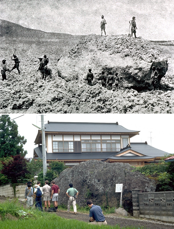 This massive boulder (top photo) was carried down the Biwasawa valley on the east side of Bandai volcano in a lahar during an eruption in 1888. The deposit covers the broad floor of the Nagase valley. In addition to this lahar, the 1888 eruption included a pyroclastic flow on the east side and a catastrophic debris avalanche that swept over villages to the north of the volcano. The bottom photo is taken from the same location a century later.  Top photo by Fukushima Minposha Newspaper, 1888; bottom photo by Lee Siebert, 1988 (Smithsonian Institution).