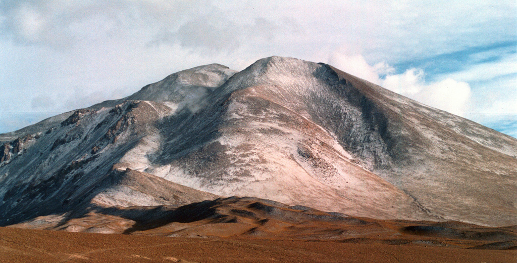 Volcán Linzor is located along on the Chile-Bolivia border about 60 km ESE of San Pedro-San Pablo volcano.  Linzor is seen here from the refuge at Laguna Colorada, east of the volcano.  The precise age of the latest eruption of this 5680-m-high stratovolcano is not known. Photo by Raphaél Paris, 2004 (CNRS, Clermont-Ferrand).