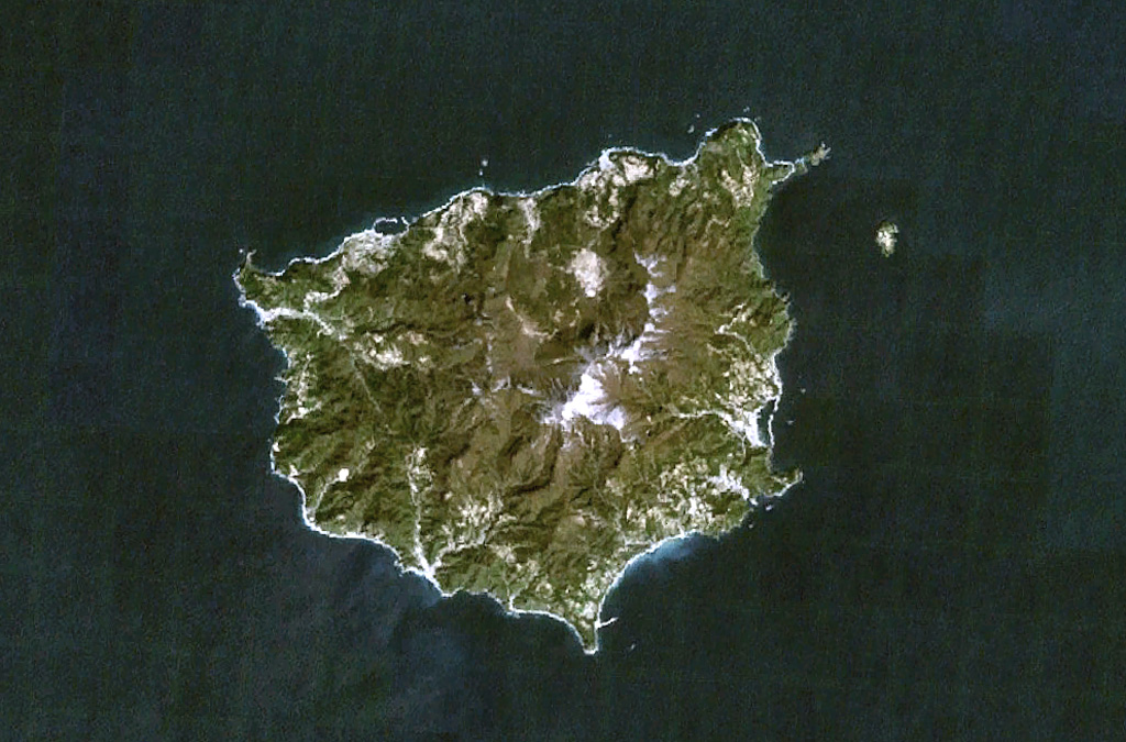 Ulreung stratovolcano forms a small 10-km-wide island about 100 km E of the central Korean Peninsula. The island, seen in this NASA Landsat image (with north to the top) is a tourist destination from the Korean mainland. Ulreung was the site of a major explosive eruption at the beginning of the Holocene that produced pyroclastic flows and deposited ash in central Honshu. NASA Landsat 7 image (worldwind.arc.nasa.gov)