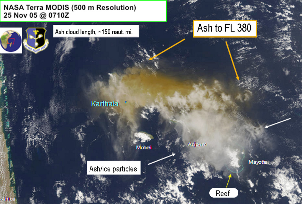 An image of the Karthala 25 November 2005 ash plume was obtained from NASA Terra MODIS. The image was centered over the Comoros islands and also shows Mayotte, Anjouan, and Moheli islands. Grand Comore is under the ash plume but the location of Karthala is indicated. For scale, the distance from Karthala to the south end of Mayotte Island is ~240 km. The image shows Air Force Weather Agency interpretations of the ash cloud extent. Image courtesy of Charles Holliday (U S Air Force Weather Agency).