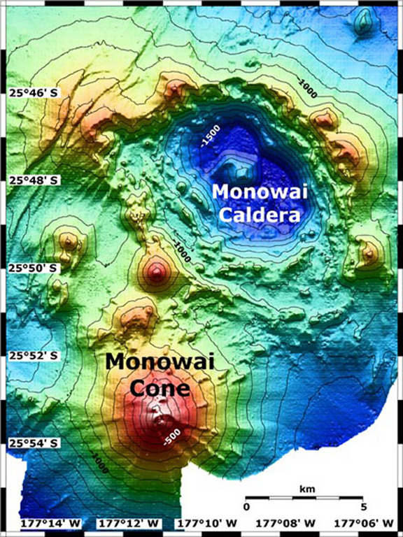 Map view shows Monowai submarine volcano at the lower left, with subsidiary cones on its N flank. A large submarine caldera lies to the NE at the top-right. The contour interval is 100 m and the resolution of the bathymetry data is 25 m. The proprietary bathymetry data were obtained by scientists of the New Zealand National Institute of Water and Atmospheric Research (NIWA) during a 2005 New Zealand-American NOAA Ocean Explorer research expedition to the Kermadec-Tonga Arc. Image courtesy of Ian Wright, 2005 (NIWA; http://oceanexplorer.noaa.gov/explorations/05fire).