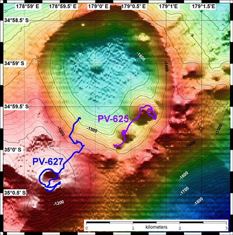 A bathymetric map of Healy submarine volcano is overlain by dive tracks of the submersible vehicle Pisces V. Dive depths range from 1,120 to 1,490 m. The resolution of the bathymetry data is 25 m, and the contour interval is 20 m. Roughly 600-year-old pumice deposits found on the shores of North Island, New Zealand, originated from Healy. The bathymetry data were obtained during a 2005 New Zealand-American NOAA Ocean Explorer research expedition to the Kermadec Arc. Image courtesy of New Zealand-American Submarine Ring of Fire 2005 Exploration, NOAA Vents Program.