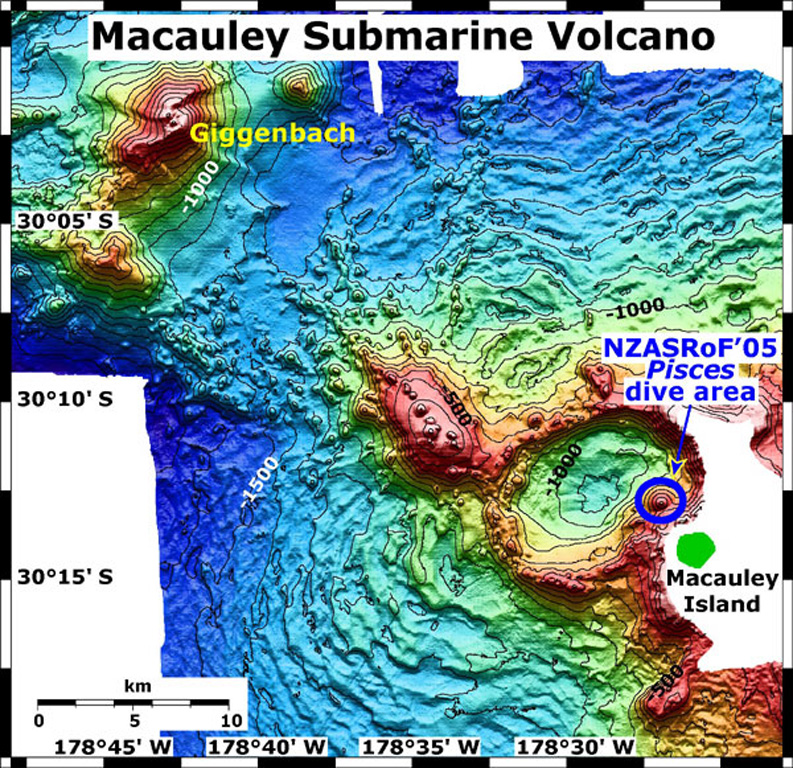 A bathymetric map view shows Macauley and Giggenbach submarine volcanoes in the Kermadec arc with a submersible dive site and Macauley Island labeled. Giggenbach is in the NW corner of the map, and the Pisces submersible dive area is on the eastern rim of Macauley caldera. The map contour interval is 100 m and the resolution of the bathymetry data is 25 m. The proprietary bathymetry data were obtained during a 2005 New Zealand-American NOAA Ocean Explorer research expedition to the Kermadec arc. Image courtesy of New Zealand Nat. Inst. of Water & Atmospheric Research, 2005 (http://oceanexplorer.noaa.gov/explorations/05fire).