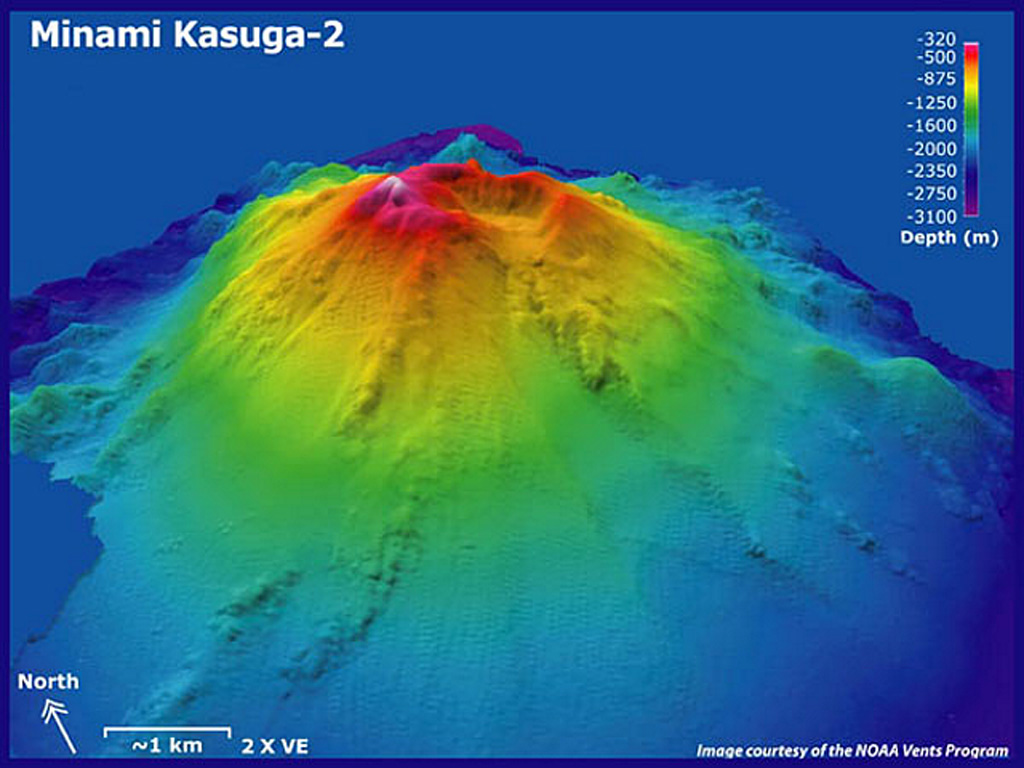Minami Kasuga (South Kasuga) submarine volcano is seen in this bathymetric image, looking from the SW with 2x vertical exaggeration. Bathymetic contours are overlain on SeaBat data courtesy of Koichi Nakamura (National Institute of Advanced Science and Technology, Japan). It rises from about 3,000 m depth to within about 170 m of the sea surface. Two smaller cones are located low on the eastern flank. Active hydrothermal fields are located at the summit of and lower flanks. Image courtesy of NOAA vents program, 2006 (http://oceanexplorer.noaa.gov/explorations/06fire).