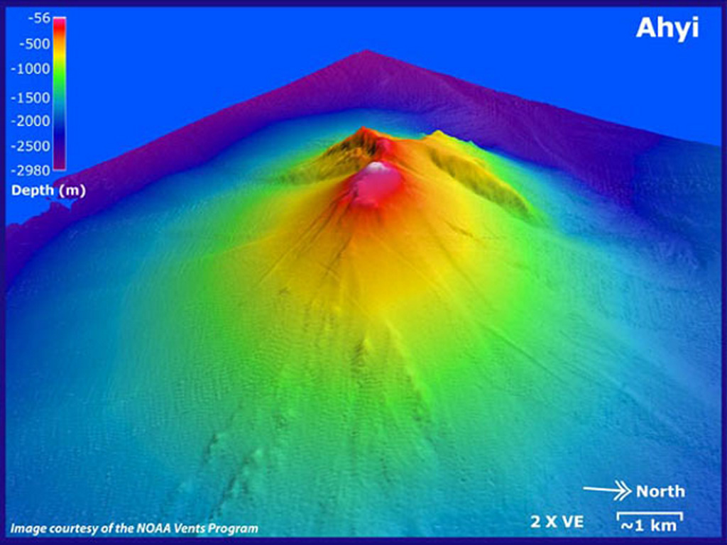 Ahyi submarine volcano is seen in a bathymetric view looking from the NE with 2x vertical exaggeration. It rises to within about 150 m of the sea surface about 18 km SE of the island of Farallon de Pajaros (Uracas) in the northern Marianas. Water discoloration has been observed over the volcano and an explosive eruption was seismically detected in April 2001. Image courtesy of Susan Merle (Oregon State University/NOAA Vents Program).