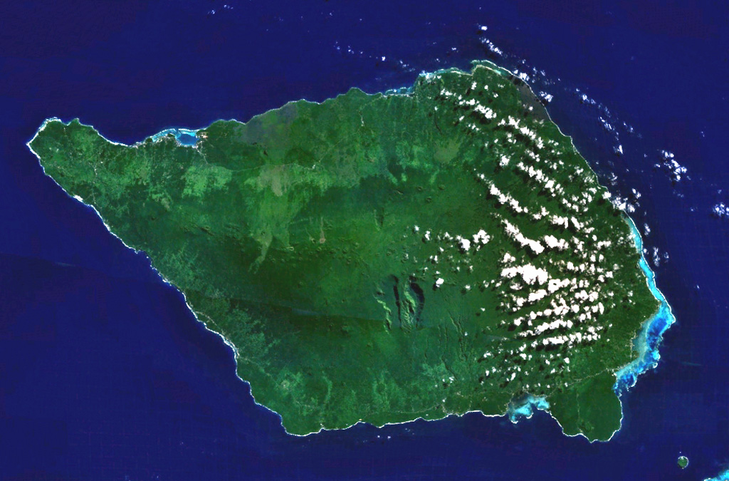 Savai'i, the largest and highest of the Samoan islands, is shown in this NASA Landsat image (N is to the top). The 75-km-long island consists of a shield volcano constructed along a WNW-ESE-trending rift zone that splits into two rifts on the E side of the island. The broad crest contains numerous scoria cones, some of which were the source of historical eruptions that produced lava flows that reached the sea. NASA Landsat 7 image (worldwind.arc.nasa.gov)