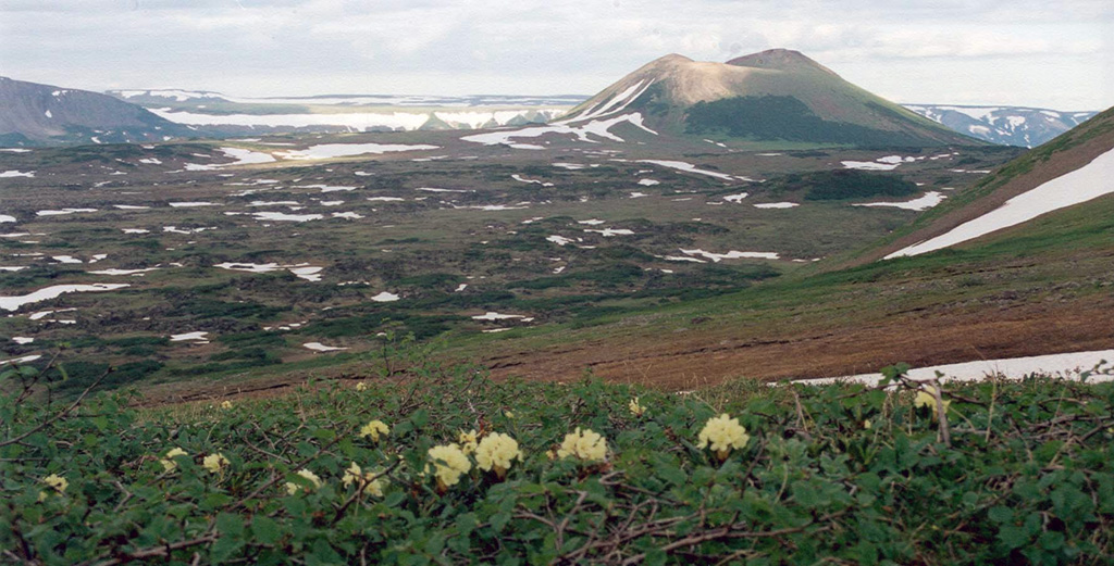 Elovsky is the highest of a cluster of small cones NE of Shishel. The Ozernovsky scoria cone (right) to the NE was the source of the massive early Holocene Ozernovsky lava flow, which traveled to the ESE down a glacial valley on the flanks of the Sredinny Range. The flow formed a lava field covering an area of 100 km2, and dammed tributary valleys, creating several lakes near the headwaters of the Levaya and Pravaya Ozernaya rivers. Copyrighted photo by Maria Pevzner, 2004 (Russian Academy of Sciences, Moscow).