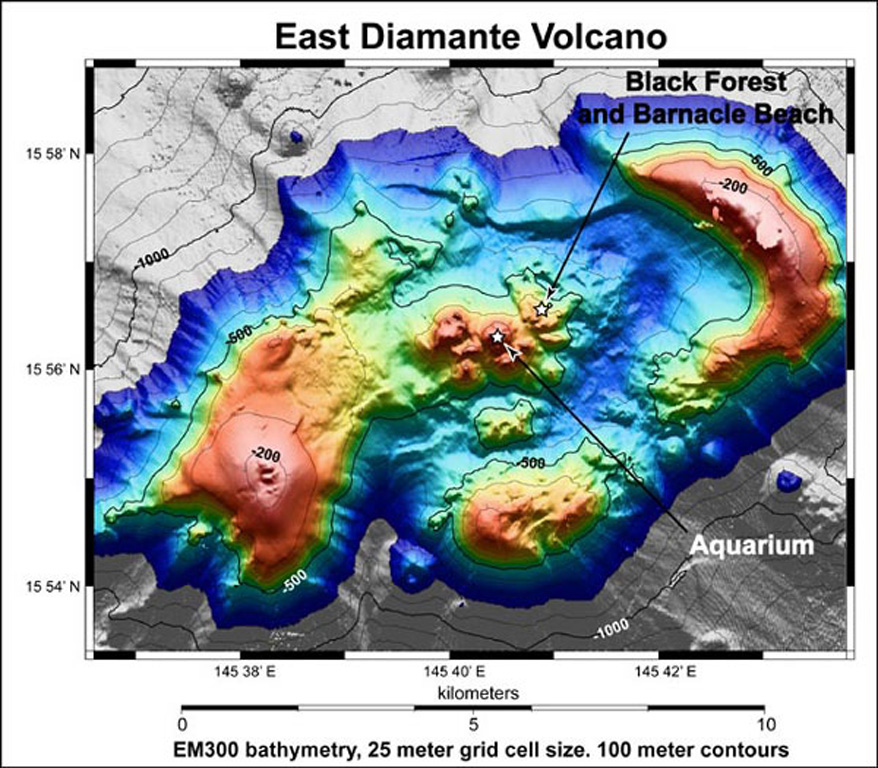 The summit of East Diamante volcano is modeled using bathymetric data collected on the NOAA Submarine Ring of Fire 2002 and 2003 expeditions. A large post-caldera cone lies on the SW caldera rim, and a complex of lava domes was constructed in the center of the caldera. Several hydrothermal areas on the central dome complex are labeled. Image courtesy of Submarine Ring of Fire 2004 Exploration, NOAA Vents Program.