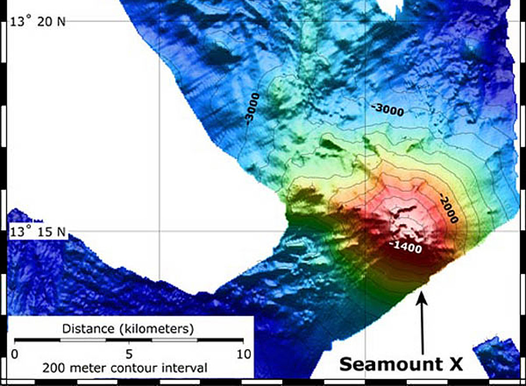 A bathymetric map showing Seamount X was produced using data from 2004 and 2006 NOAA submarine vents expeditions. The seamount lies about 70 km WSW of Guam and displays areas of hydrothermal venting. The contour interval is 200 m. Image courtesy of Susan Merle (Oregon State University/NOAA Vents Program).