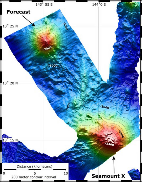 This bathymetric map shows both Forecast Seamount and Seamount X. The model is a combination of bathymetry collected on NOAA expeditions in 2004 and 2006. The contour interval is 200 m and the spatial resolution is 50 m. Image courtesy of Susan Merle (Oregon State University/NOAA Vents Program).