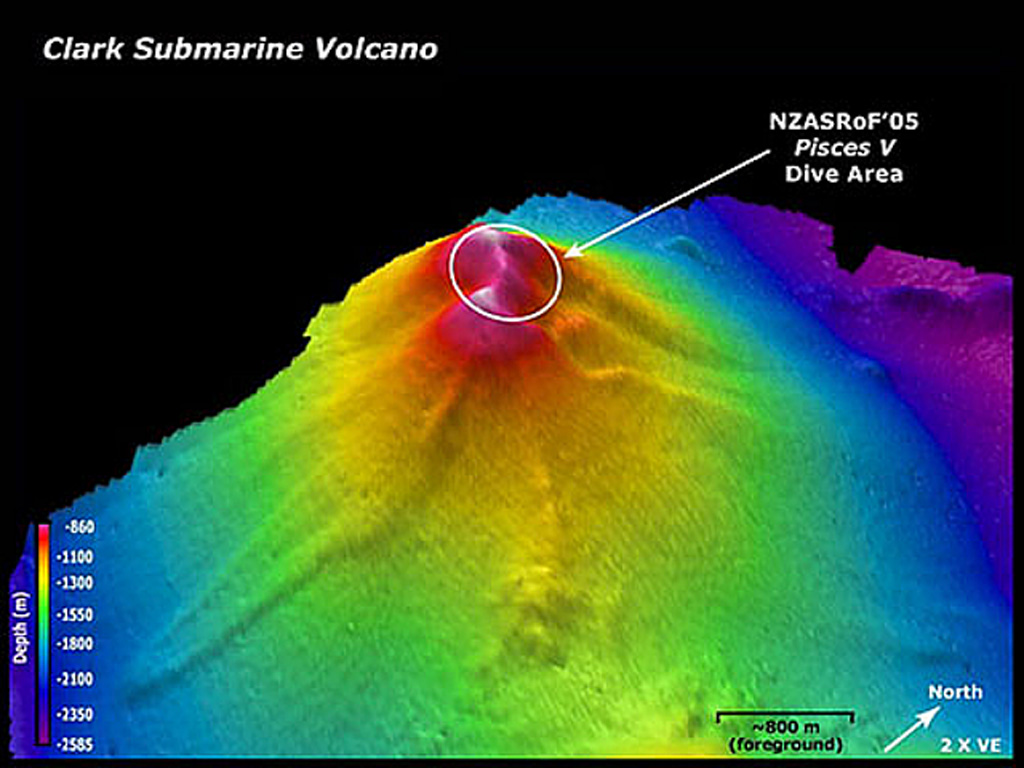 Clark submarine volcano is viewed here from the SE. The location of a submersible dive took place a New Zealand-American NOAA Vents Program expedition is indicated. Depths range from 860 to 2,585 m. The resolution of the bathymetry data is 25 m. The image is two times vertically exaggerated. The bathymetry data are courtesy of New Zealand National Institute of Water and Atmospheric Research (NIWA). Image courtesy of New Zealand-American Submarine Ring of Fire 2005 Exploration, NOAA Vents Program.