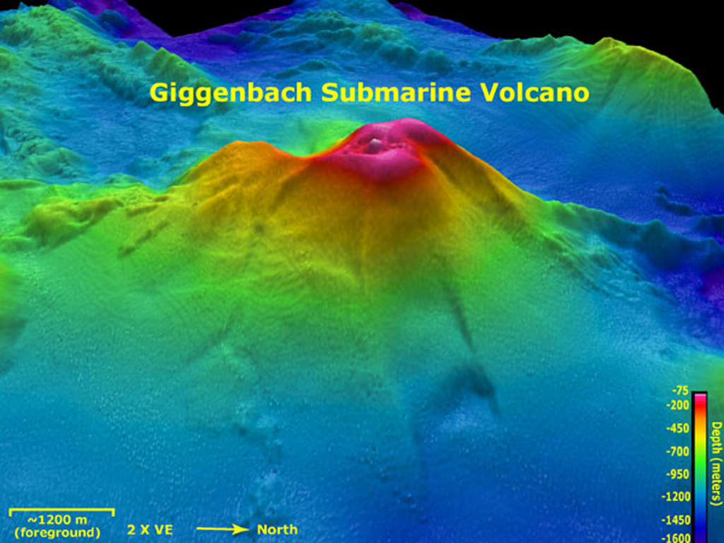 Giggenbach submarine volcano viewed from the E in this aerial oblique view with two times vertical exaggeration. Depths range from 75 to 1,600 m in this image and the resolution of the bathymetry data is 25 m. Giggenbach is ~30 km NW of the center of Macauley caldera. The bathymetry data are courtesy of the New Zealand National Institute of Water and Atmospheric Research (NIWA). Image courtesy of New Zealand-American Submarine Ring of Fire 2005 Exploration, NOAA Vents Program.