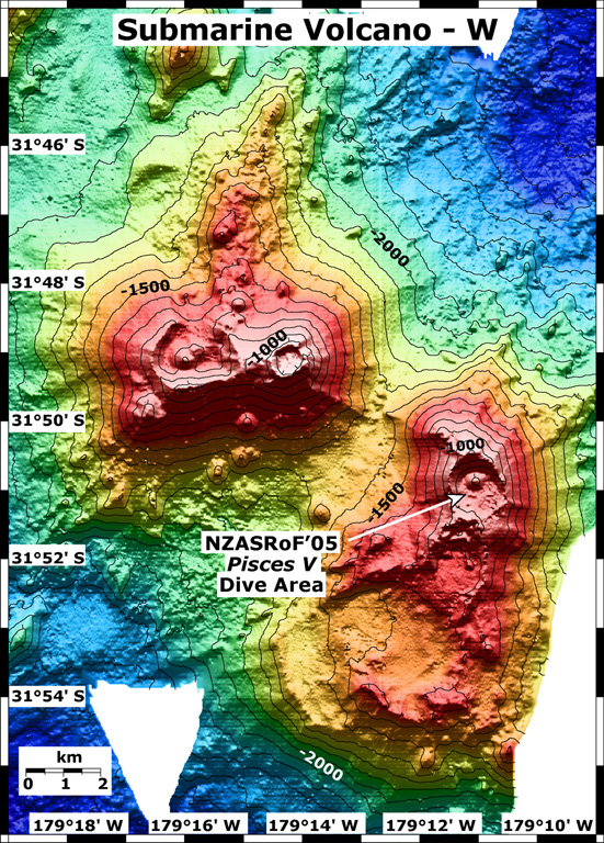 This map view shows two submarine volcanoes known informally as Volcano W. The Pisces V dive area during a 2005 New Zealand-American expedition is indicated on the SE caldera. The contour interval is 100 m and the resolution of the bathymetry data is 25 m. The bathymetry data are proprietary and provided courtesy of Ian Wright, New Zealand National Institute of Water and Atmospheric Research (NIWA). Image courtesy of New Zealand-American Submarine Ring of Fire 2005 Exploration, NOAA Vents Program.
