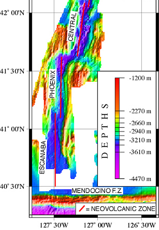 A NOAA/PMEL map shows the setting of the Escanaba Segment at the southern end of the Gorda Ridge west of the coast of northern California. The linear N-S-trending segment is the southernmost of the five segments of the Gorda Ridge, and lies immediately north of the Mendocino Fracture Zone. The axial crest of the 130-km-long segment, also known as the Escanaba Trough, is about 3-5 km wide at the northern end and widens to 18 km in the south near the junction with the Mendocino Fracture Zone. Courtesy of NOAA NeMo Observatory.