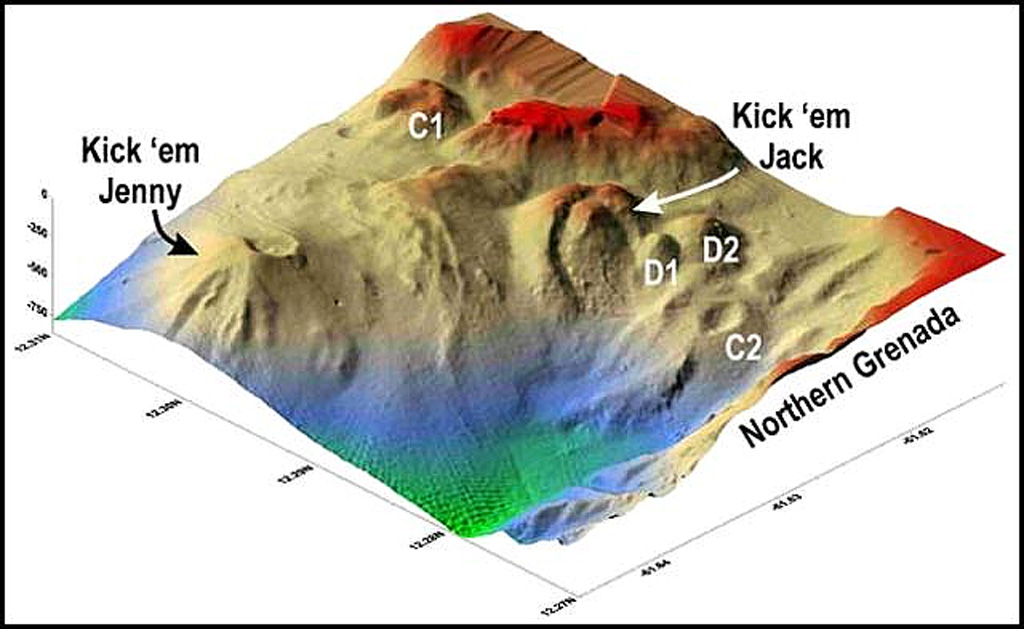 Vertically exaggerated SeaBeam image shows Kick 'em Jenny and newly identified craters and domes discovered in March 2003.  Kick 'em Jenny's summit occurs adjacent to the crater rim at a depth of ~ 185 m. The deepest point on Kick 'em Jenny's crater floor lies at ~264 m depth.  The image's left side is drawn N-S (i.e. N towards the upper left). Tick marks along the margins are at 0.01 degree intervals, a spacing equivalent to 1.8-1.9 km. The distance between Kick 'em Jenny and Kick 'em Jack is about 4 km.  Image courtesy of NOAA and Seismic Research Institute, 2003 (published in GVN Bulletin).