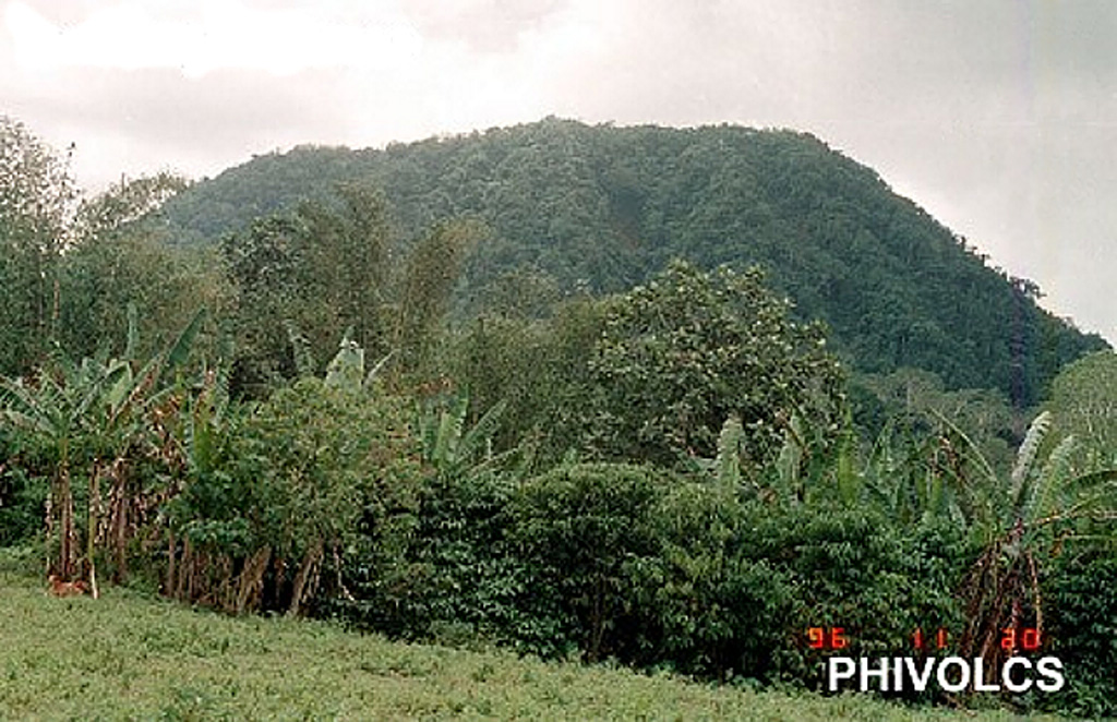 Forested Bud Dajo cinder cone is one of numerous pyroclastic cones and craters that dot 60-km-wide Jolo Island at the SW end of the Philippines archipelago.  Bud Dajo (or Buddajo) is a young basaltic cinder cone that reaches 620 m elevation; nearby cones are Matanding, Guimba, and Sungal.  Hot springs have been reported at craters on Cagayan Sulu, and solfataras at Siit Lake.  A tsunami accompanied a possible submarine eruption in 1897.   Photo courtesy of PHIVOLCS.