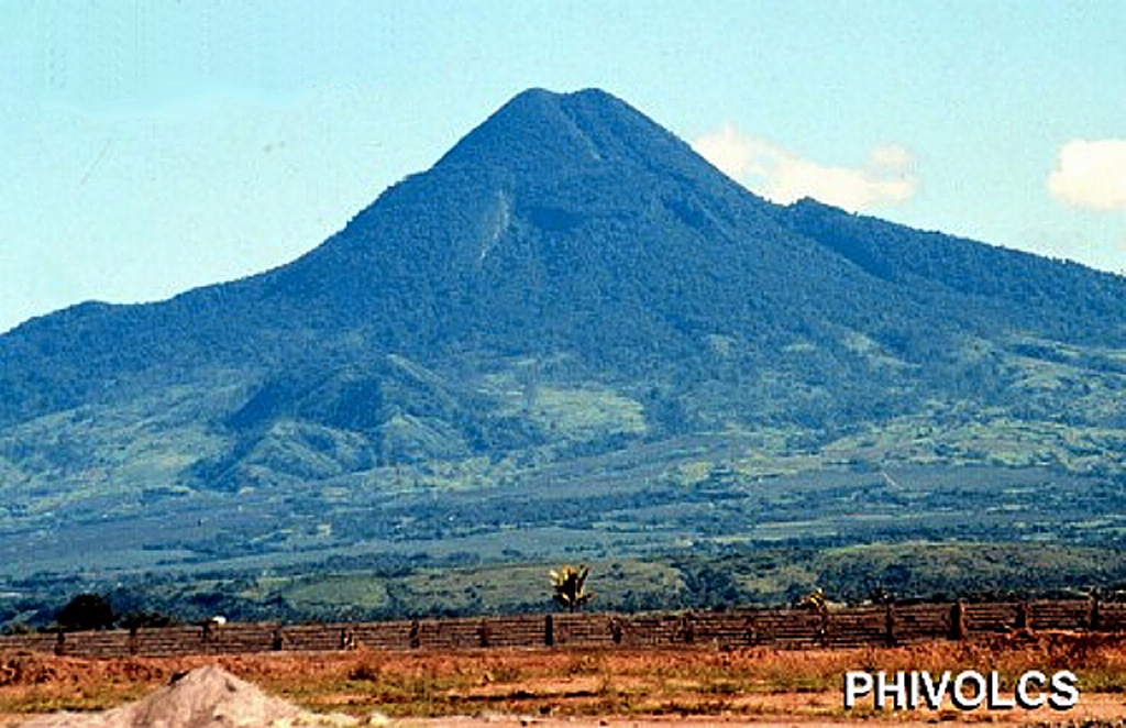 The forested Matutum is located in southern Mindanao. The summit contains a densely forested  320-m-wide and 120-m-deep crater. Widespread pyroclastic flow deposits surround the volcano, which overlooks the major city of General Santos about 30 km to the SSE. Photo courtesy of PHIVOLCS.