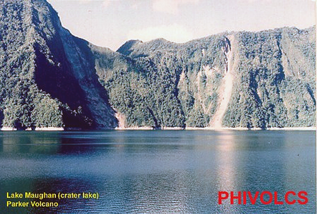 Lake Maughan occupies the steep-sided walls of the 2.9-km-wide Parker summit caldera of , also known locally as Falen. This vegetated edifice overlooks Sarangani Bay near the southern tip of Mindanao Island and is surrounded by extensive, young pyroclastic flow deposits. This volcano was the source of a major explosive eruption in 1641. Photo courtesy of PHIVOLCS.
