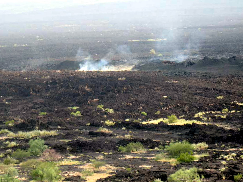 Steam rises from new fissures that fed lava flows at the Manda Hararo complex, as seen on 20 August 2007. The Manda Hararo complex is the southernmost axial range of western Afar. The massive complex is 105 x 20-30 km and represents an uplifted segment of a mid-ocean ridge spreading center. Voluminous lava flows erupted from NNW-trending fissures. Photo courtesy of Gezahegn Yirgu, 2007 (Addis Ababa University).