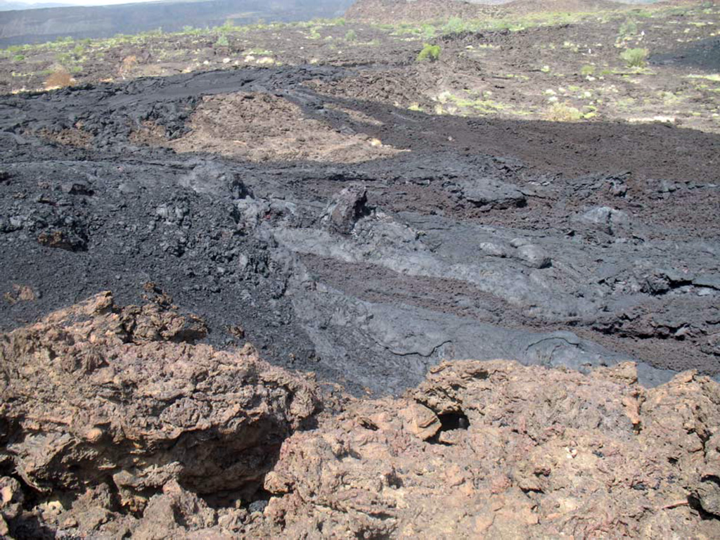 Dark basaltic lava flows that erupted from the Manda Hararo complex are seen here on 20 August 2007, about a week after the start of the eruption. This was the first historical eruption of Manda Hararo. The `a`a and pahoehoe lava flows traveled only a few hundred meters from a fissure lined with small spatter ramparts and scoria cones. Photo courtesy of Gezahegn Yirgu, 2007 (Addis Ababa University).