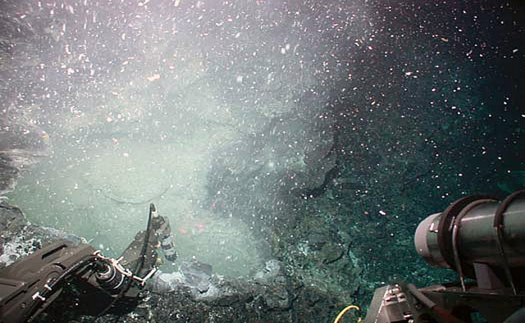 A temperature probe from the submersible vehicle Alvin collects data at a low-temperature hydrothermal vent located in a collapse structure in the East Pacific Rise area. The maximum temperatures reached only 9.5°C. This lava flow was erupted within only a few weeks to a few months of this November 2003 expedition. The flow was covered by bacterial mats, had large amounts of bacterial floc issuing from diffuse vents, and was sparsely populated by small animals. Photo courtesy J.R. Voight, 2003 (Ridge2000, National Science Foundation).