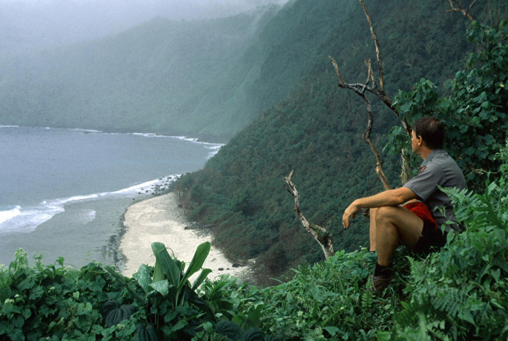 Sheer, forested cliffs form the southern side of Ta'u Island at the eastern end of the Samoan Islands. Partial collapse of the shield volcano formed a large arcuate depression open to the S. The 6 x 10 km Island is the emergent portion of the large Lata shield volcano, which also contains numerous Holocene post-caldera cones at the summit and flanks. Photo by John Brooks, 1992 (U. S. National Park Service).