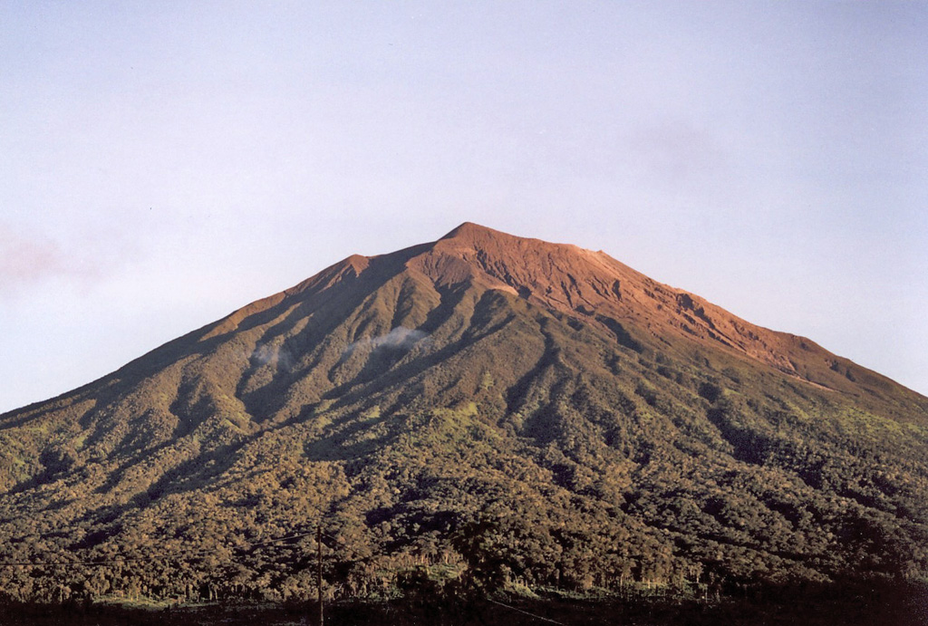 The unvegetated summit of Gunung Kerinci in central Sumatra is seen here from Pengamatan on its southern flank. Kerinci is one of the most active volcanoes in Sumatra and has been the source of numerous moderate explosive eruptions since its first recorded eruption in 1838. The 13 x 25 km wide volcano rises above the surrounding plains. Photo by Umar Rosadi,  2005 (Centre of Volcanology & Geological Hazard Mitigation, Volcanological Survey of Indonesia).