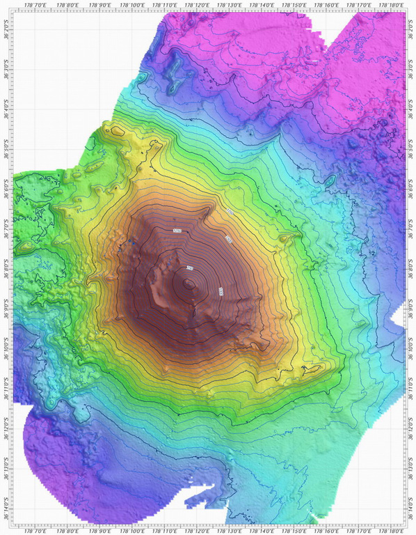 A bathymetric map view shows Rumble V submarine volcano at the southern end of the South Kermadec volcano group. A large plume of gas bubbles was acoustically detected rising from the summit in 1992. Rumble V, the southernmost of a group of seamounts on the southern Kermadec Ridge known as the Rumbles, rises more than 2,000 m to about 400 m below the sea surface. Courtesy of Ian Wright (National Institute of Water and Atmospheric Research (NIWA), Wellington, New Zealand).