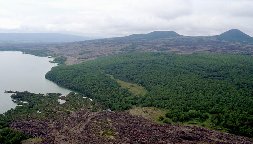 The northern (right) and southern (left) summits of the Terpuk edifice are viewed here from the ESE. Both cones formed about 3,000-2,500 years ago and produced an extensive lava field. The large green vegetated patch on the foreground is a Pleistocene lava flow surrounded by the Terpuk lava flows. Copyrighted photo by Maxim Portnyagin (Holocene Kamchataka volcanoes; http://www.kscnet.ru/ivs/volcanoes/holocene/main/main.htm).