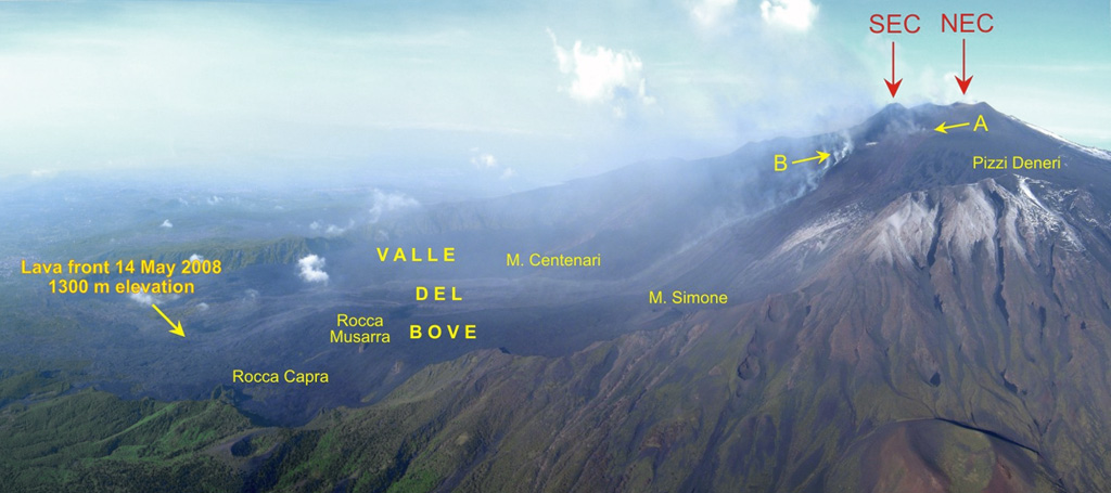 This photomosaic was taken from a helicopter of the Italian Civil Defense Department on 15 May 2008. The eastern sector of Etna has an active eruptive fissure just below the summit craters to the right, and the extent of active lava flows in the Valle del Bove is seen in the center to the left. A major effusive eruption began on 13 May and within the first month lava flows had traveled about 5 km down the Valle del Bove. Effusive activity continued into 2009. Photo courtesy of INGV-Catania, 2008.