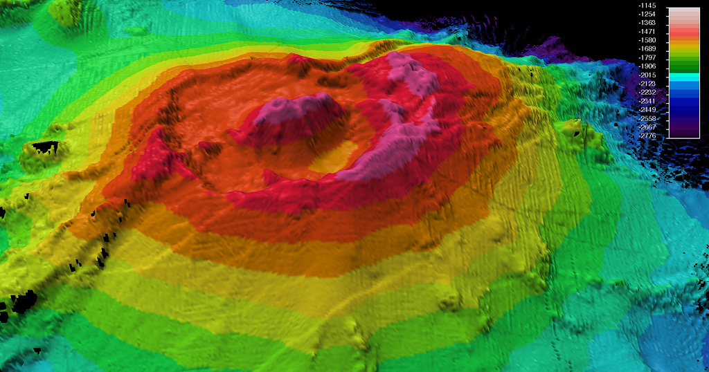 A bathymetric map was made during a 2009 voyage on the research vessel R/V Thompson of Rumble II West submarine volcano. Located NW of Rumble II East, Rumble II West, with a summit depth of 1,200 m, is the deepest of the Rumble group of seamounts, but displays evidence of hydrothermal activity. It contains a 2.5-3 km wide summit caldera about 200 m deep with a central cone. Recent lava flows originating from near the caldera rim with little or no sediment cover are on the S flanks. Photo courtesy of New Zealand Institute of Geology and Nuclear Sciences, 2009.