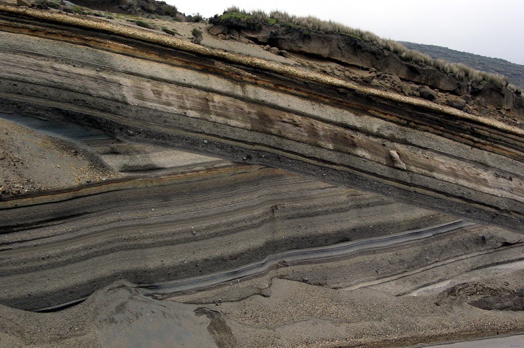 An erosional unconformity cutting diagonally across the center of the photo due to a glacial advance about 20,000-18,000 years ago separates two sequences of late-Pleistocene tephra layers from Ecuador's Chimborazo volcano. A less prominent unconformity below the light-colored tephra layer at the top of the sequence marks a 16,000-14,000 year old glacial advance. This ~12-m-thick exposure lies on the SW flank. Photo by Lee Siebert, 2006 (Smithsonian Institution).