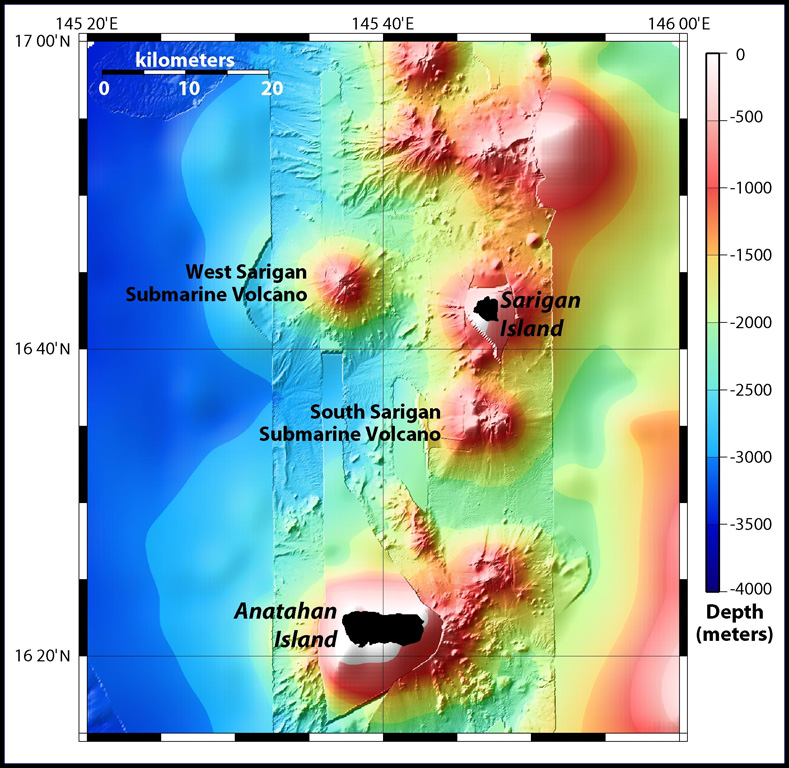Sidescan sonar imagery taken in 2003 shows South Sarigan seamount rising to within about 184 m of the ocean surface 12 km S of Sarigan Island. It was the site of an explosive submarine eruption in May 2010 that sent a plume of ash and steam to 12 km altitude. The seamount has an irregular summit with multiple peaks, including a possibly young cone at about 350 m depth, and flank morphology suggests it is frequently active. Map courtesy Bill Embley and William Chadwick (NOAA: http://oceanexplorer.noaa.gov/explorations/03fire/logs/feb17/feb17.html)