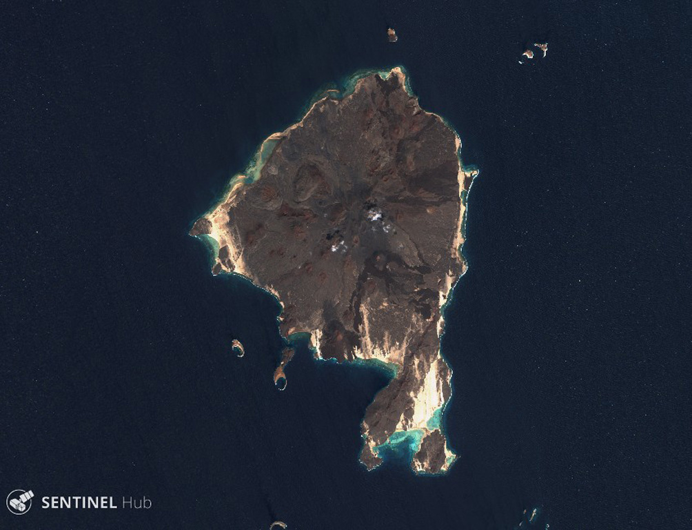 Zukur is the northern and larger island within the Zukur-Hanish island group in the southern Red Sea, seen here in this 3 December 2019 Sentinel-2 satellite image (N is at the top). Scoria cones are visible in this image, along with darker lava flows in the N, NE, and S. The island is approximately 12 km in the E-W direction. Satellite image courtesy of Copernicus Sentinel Data, 2019.