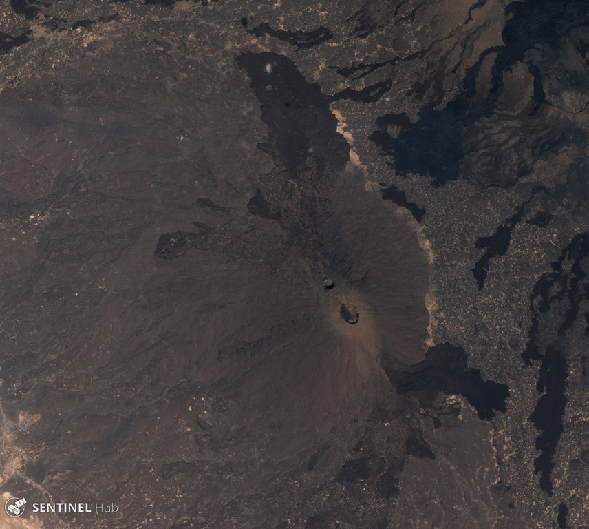 Ale Bagu formed on the SW flank of Erta Ale in the Danakil rift, seen in the center of this 3 December 2019 Sentinel-2 satellite image (N is at the top; this image is approximately 17 km across). Lava flows from Erta Ale are seen in the NE of this image and lava flows from Hayli Gubbi are to the E (right). Satellite image courtesy of Copernicus Sentinel Data, 2019.