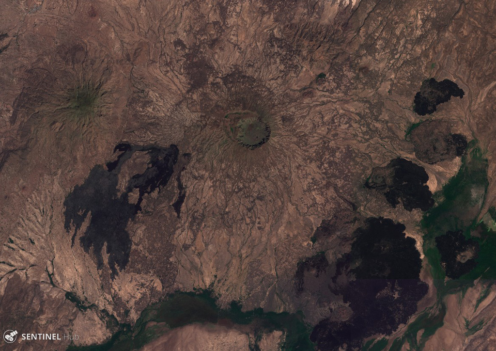 Adwa volcano has a roughly 3 x 4 km caldera at the summit, visible near the center of this 10 November 2019 Sentinel-2 Satellite image (N is at the top). The large eroded edifice (also known as Aabida, Amoissa, or Dabita) is in the southern Afar area immediately east of Ayelu volcano, which lies above and to the left of the darker, younger SW-flank lava flows. Satellite image courtesy of Copernicus Sentinel Data, 2019.