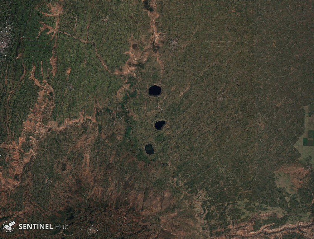 Three maars of the Bilate River Field are seen in this 31 October 2019 Sentinel-2 satellite image (N is at the top): Budamado Hayk at the top, T’ido Hayk in the middle, and Bode Ameda Hayk below. The field is within the Main Ethiopia Rift, W of Awassa. This image is approximately 29 km across. Satellite image courtesy of Copernicus Sentinel Data, 2019.