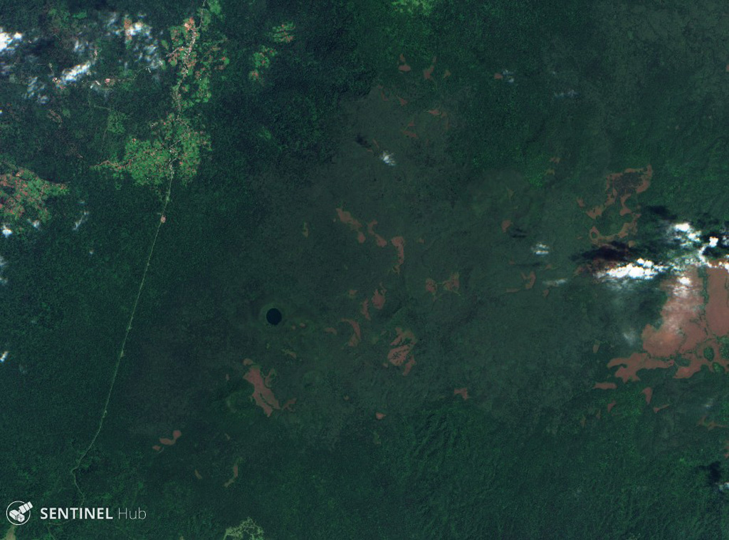 The vegetated Tepi volcanic field contains lava flows, scoria cones, and craters, located in Ethiopia, W of the Eastern Rift Valley volcanoes. Bishan Waka or Lake Kabo has filled the crater near the center of this 3 March 2019 Sentinel-2 satellite image (N is at the top; this image is approximately 16 km across). Satellite image courtesy of Copernicus Sentinel Data, 2019.