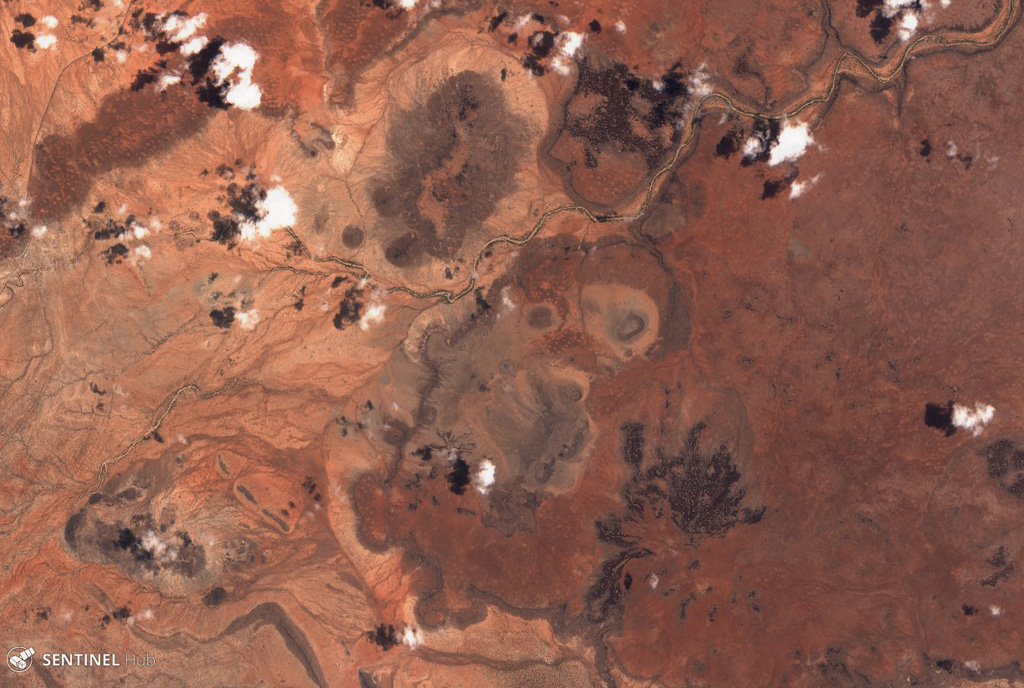 Part of the Segererua Plateau is shown in this 21 September 2019 Sentinel-2 satellite image (N is at the top; the image is approximately 23 km across). The plateau contains lava flows, maars, and craters along an area approximately 50 km in length. Several craters are visible across this image. Satellite image courtesy of Copernicus Sentinel Data, 2019.