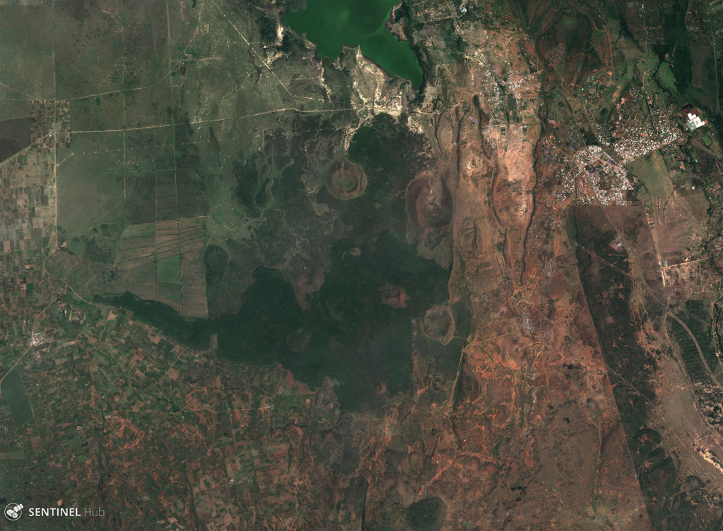 Several scoria cones and lava flows of the Elmenteita Badlands volcanic center are visible in this 5 November 2019 Sentinel-2 satellite image (N is at the top; this image is approximately 24 km across). It contains scoria cones and lava flows of varying ages, some of which formed after the 10,000-year-old high-stand of Lake Elmenteita. Satellite image courtesy of Copernicus Sentinel Data, 2019.