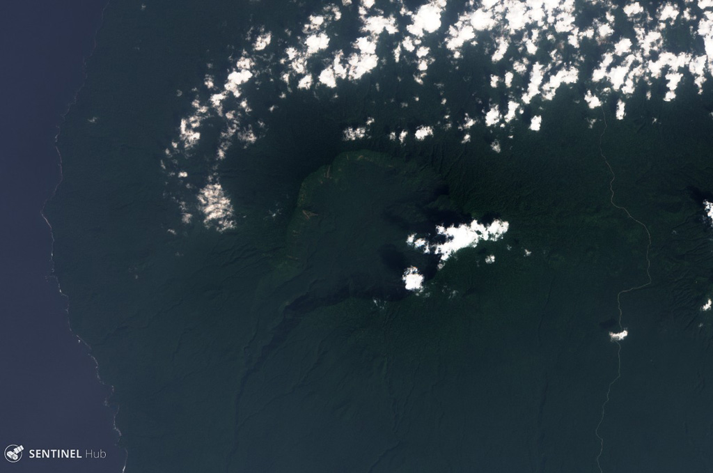 San Carlos is located in the south of Bioko Island in Equatorial Guinea and has a roughly 5.5-km-wide caldera, seen here in a 5 January 2019 Sentinel-2 satellite image (N at the top). A valley through the SW flank opens the crater towards the Atlantic Ocean. Satellite image courtesy of Copernicus Sentinel Data, 2019.