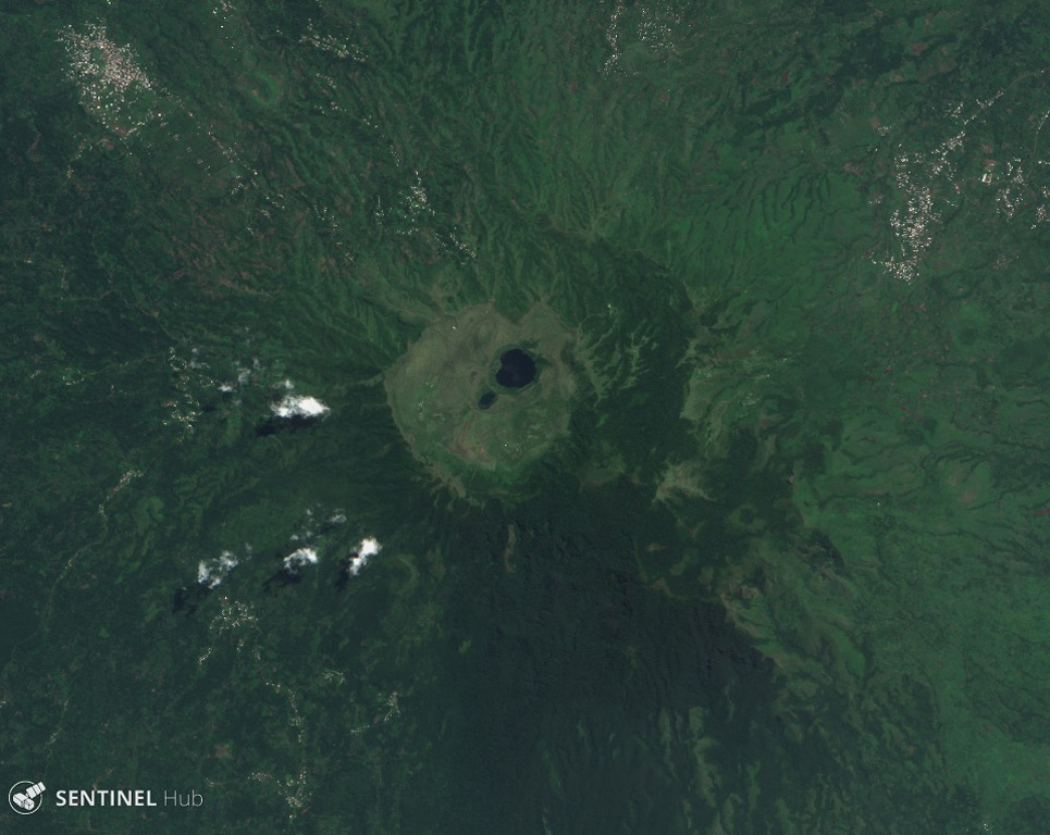 Manengouba contains the roughly 3-km wide Eboga caldera, visible in this 7 May 2019 Sentinel-2 satellite image (N at the top) around 115 km NE of Mount Cameroon. Many cones and maars have formed around the flanks, producing lava flows out to 10 km. Satellite image courtesy of Copernicus Sentinel Data, 2019.
